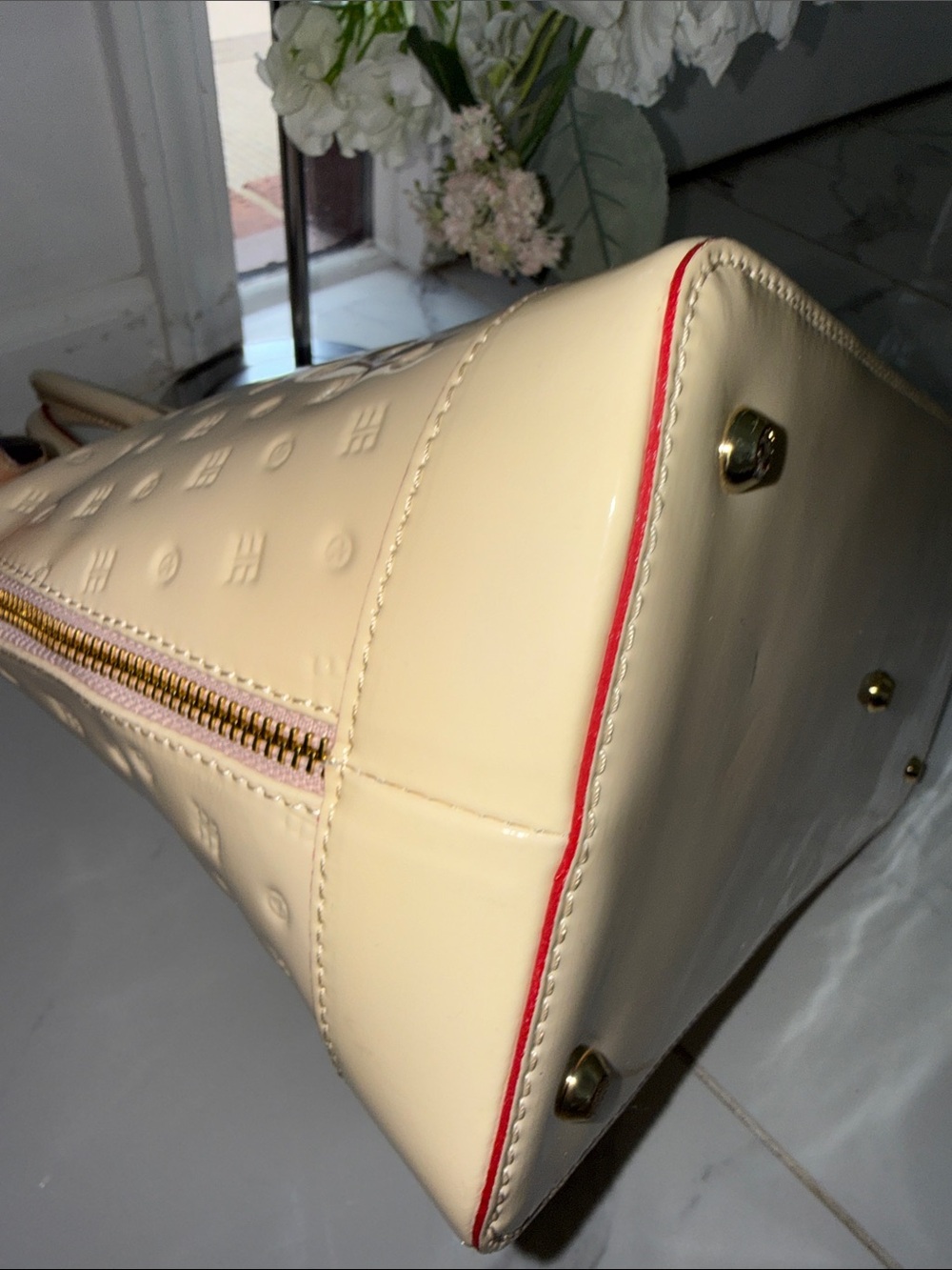 Arcadia Cream Patent Satchel with Red Trim - Picture 8 of 14